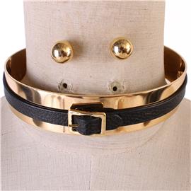 Metal Leather Bucket Choker Necklace Set