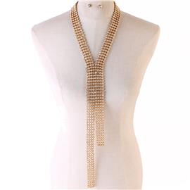 Rhinestones Mesh Long Necklace Set