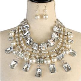 Pearl With Rectangle Rhinestone Necklace Set