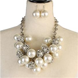 Pearl With Rhinestone Ball Necklace Set