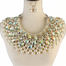 Pearl With Stones Bib Neckalce Set