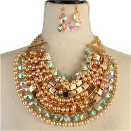 Metal Bib With Stones Necklace Set