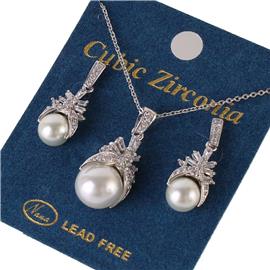 CZ Pearl Pendant Necklace Set