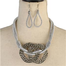 Cord Metal 2 Circle Fashion Necklace Set