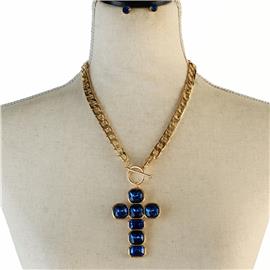 Glass Crystal Cross Metal Chain Necklace Set