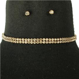 Rhinestones Two Lines Choker Necklace Set