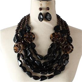 Fashion Wood Stones Print Necklace Set