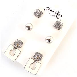 Metal Stones Square 3 Pairs Earring