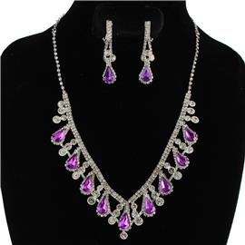 Rhinestones Teardrop With Clip-On Earring Necklace Set