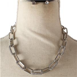 Metal Stones Oval Chain Necklace Set