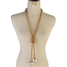 Metal Pearl Long Necklace Set