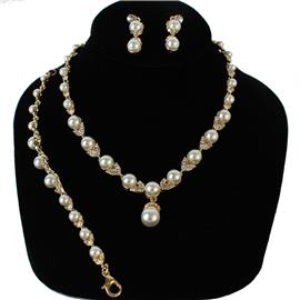 Rhinestones With Pearl 3 Pcs Necklace Set