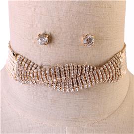 Mesh Chain Twisted Stones Choker Necklace Set