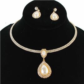 Rhinestones Pearl Tear Choker Necklace Set