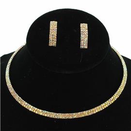 Rhinestones Two Lines Choker Necklace Set