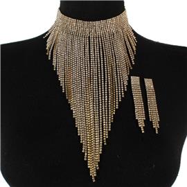 Rhinestone Long Fringed Necklace Set