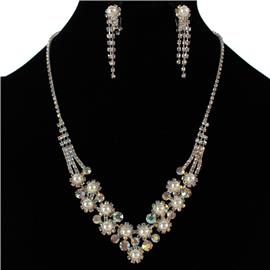 Rhinestones Pearls Clip-On Necklace Set