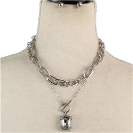 Double Layereds Pendant Square Necklace Set