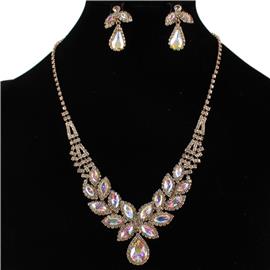 Rhinestones Leaves Tear Necklace Set