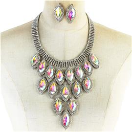 Rhinestones Dangling Leaves Necklace Set