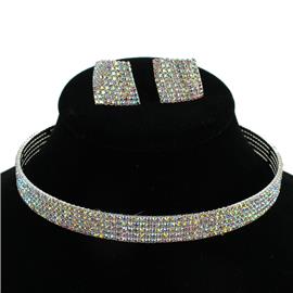 Rhinestones 5 Lines Choker Necklace Set