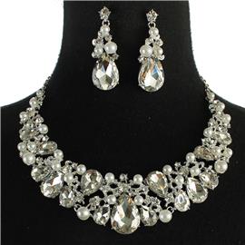 Crystal Pearl Tear Necklace Set