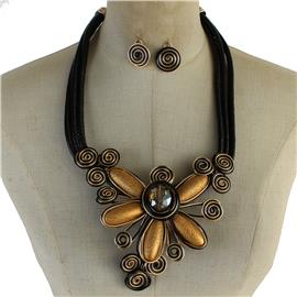 Leather-Wired Flower Necklace Set