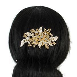 Metal Rhinestones Leaves Hair Comb