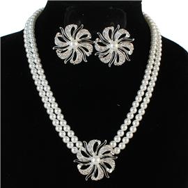 Pearl 2 Ln Flower Necklace Set