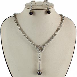 Rhodium Pearl Rolo Chain Necklace Set