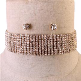 Rhinestones Nine Lines Choker Necklace Set