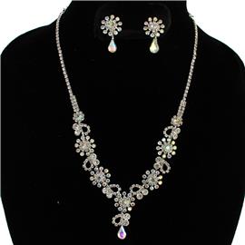 Rhinestones Flower Teardrop Necklace Set