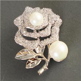 CZ Pearl Roses Brooch