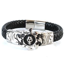 Leather Stainless Steel Fire Skull Bracelet