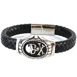 Leather Stainless Steel Skull Bracelet