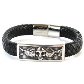 Leather Stainless Steel Skull Bracelet