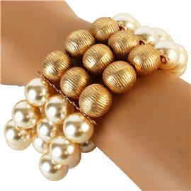 Three Layereds Pearl -Metal Stretch Bracelet