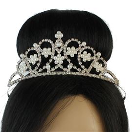 Rhinestone With Pearl Flowers Tiara