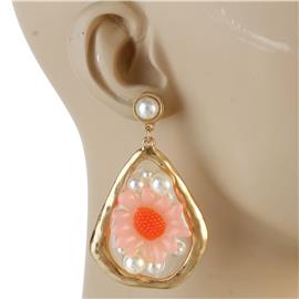 Metal Oval Pearl Flower Earring