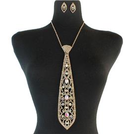 Rhinestone Tie Long Necklace Set