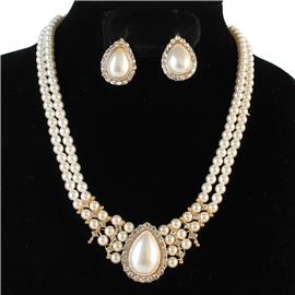 Pearl Crystal 2 Ln Teardrop Necklace SEt