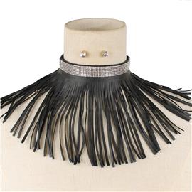 Faux Leather Fringe Choker Set