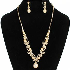 Rhinestone Pearl Flower Necklace Set