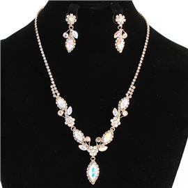 Rhinestone Flower Drop Necklace Set