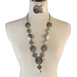 Metal Flower Oval Long Necklace Set