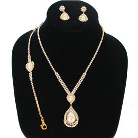 Rhinestones Pearl Tear 3 Pcs Necklace Set