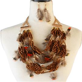 Feather Wooden Necklace Set