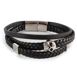 Stainless Steel Leather Layereds Skull Bracelet