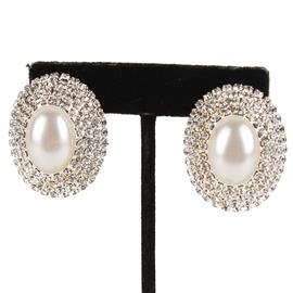 Rhinestone Pearl Oval Clip On Earring