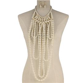 Pearl Long Layered Drop Necklace Set